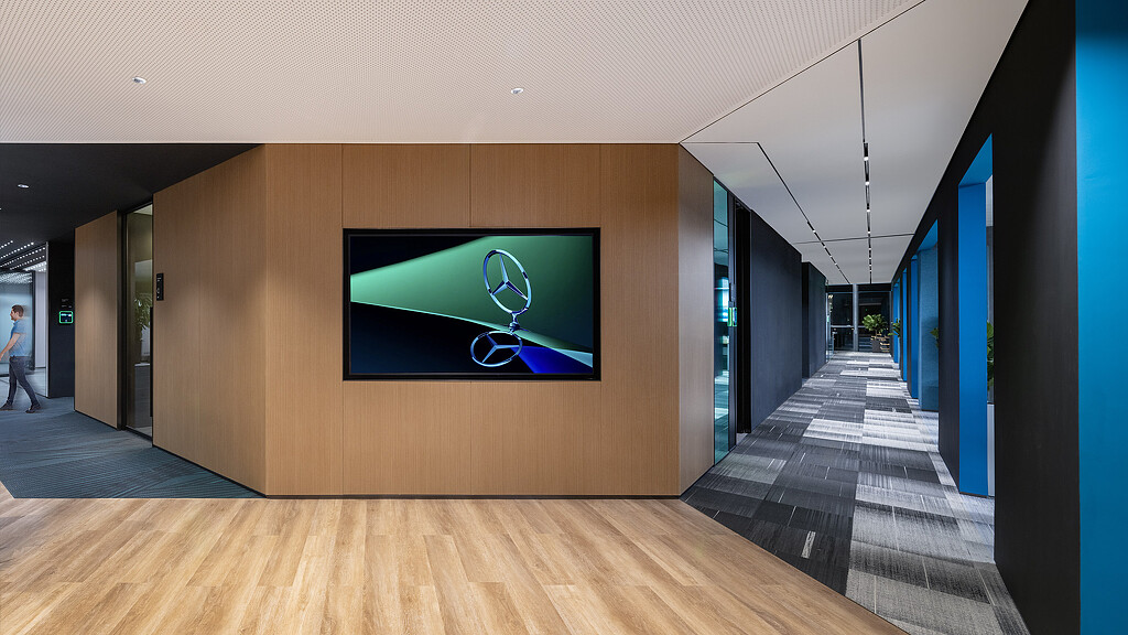 Mercedes-Benz R&D Center Shanghai hallways with digital screen