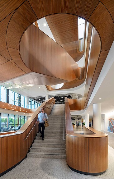 A person walking up a flight of stairs.