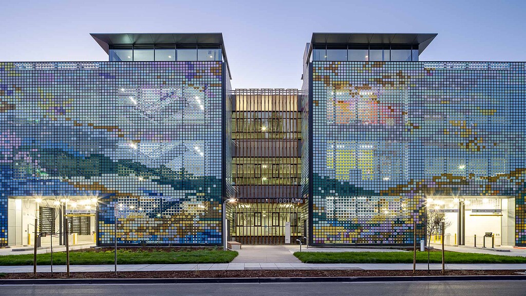Alta Garage building exterior with kinetic artwork