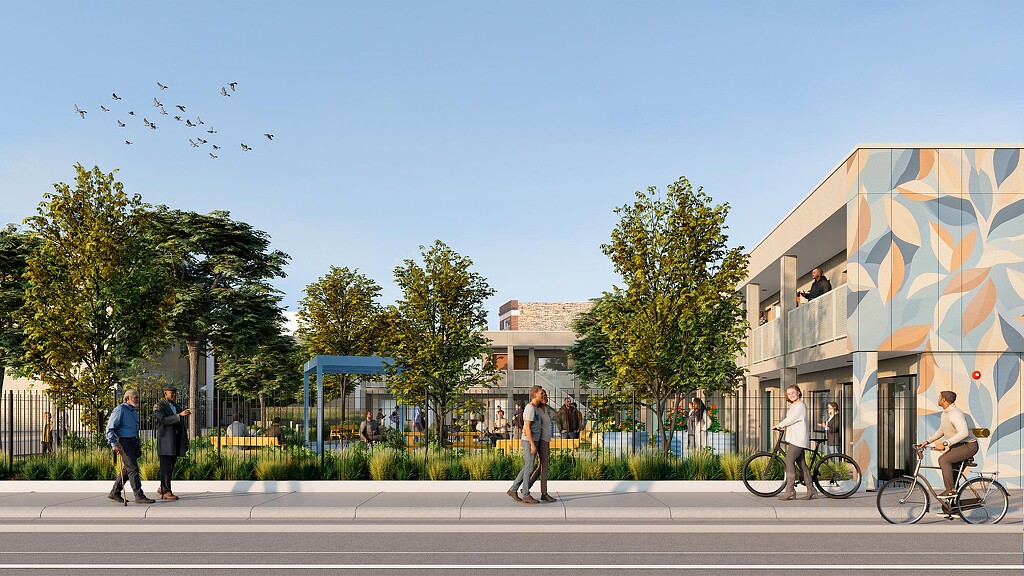 Exterior rendering of people walking on the sidewalk.