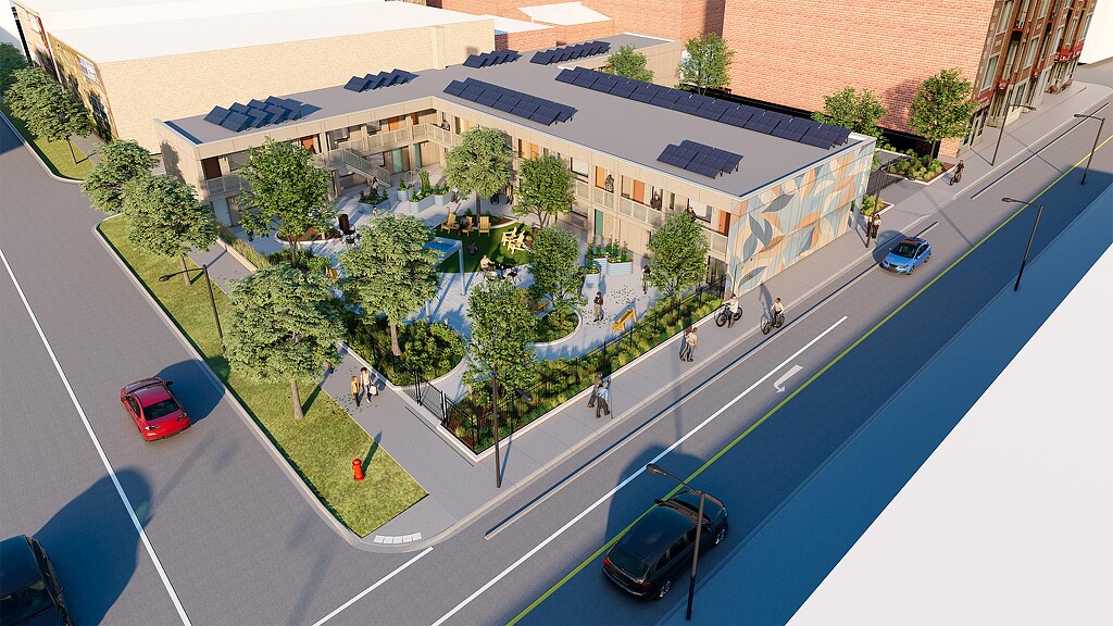 Exterior aerial rendering of a building and park