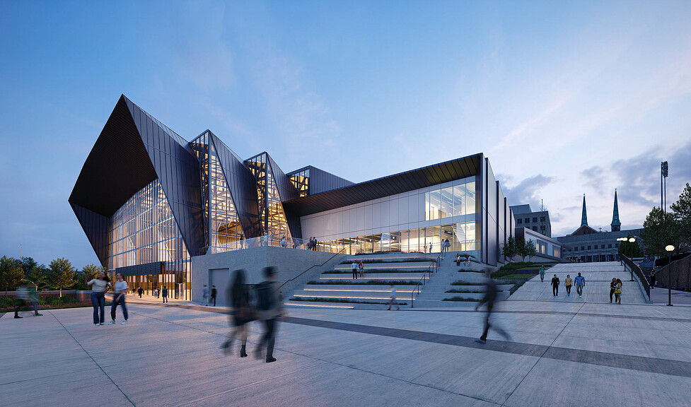 A building with a glass front.