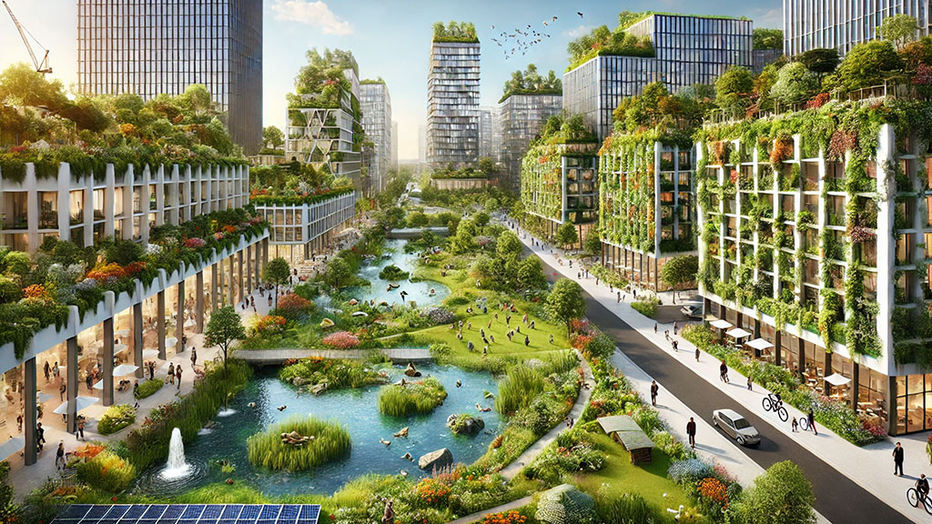 A city with a pond and a fountain.