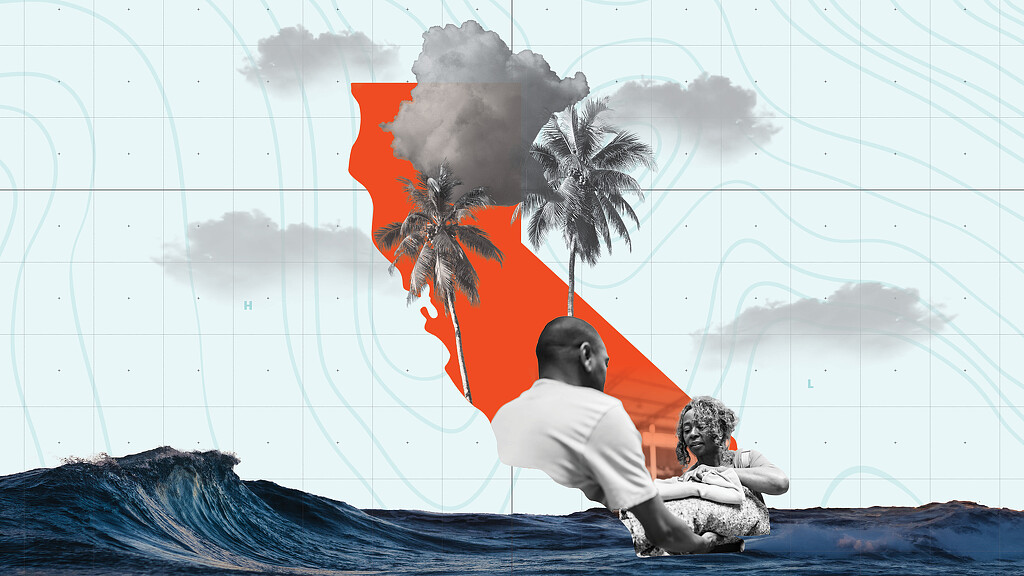 A man and a child sitting on a rock with a volcano in the background.