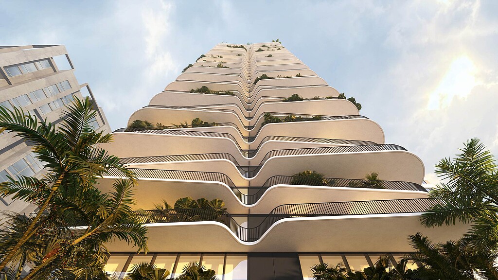 A building with palm trees.