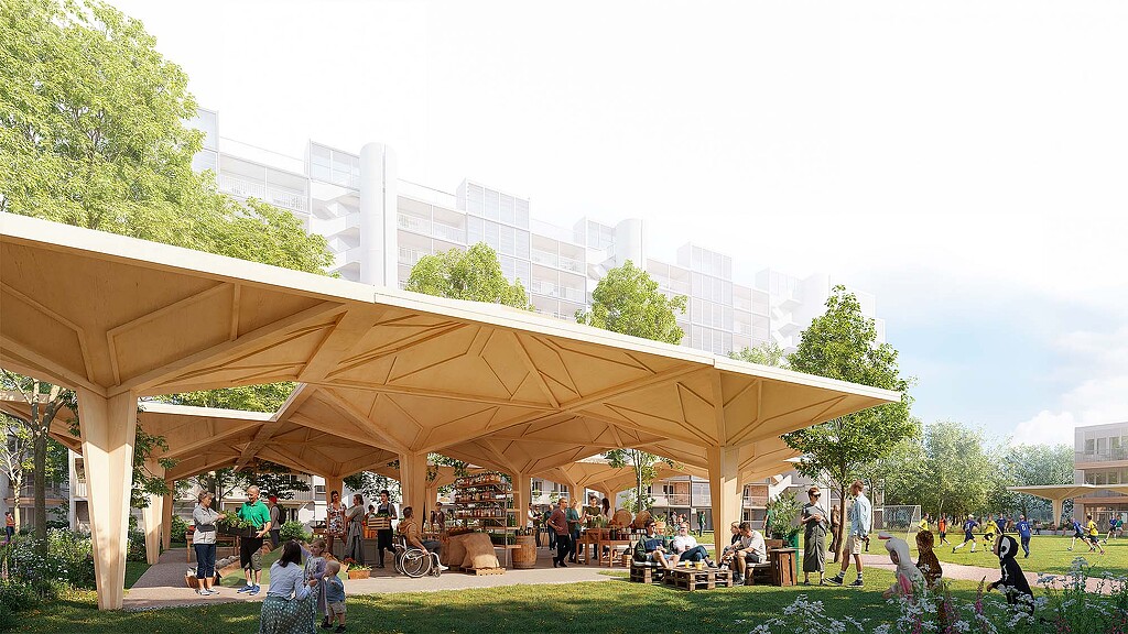 A group of people outside a building.