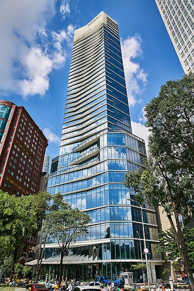A tall glass building.