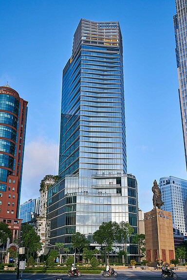 A tall glass building.