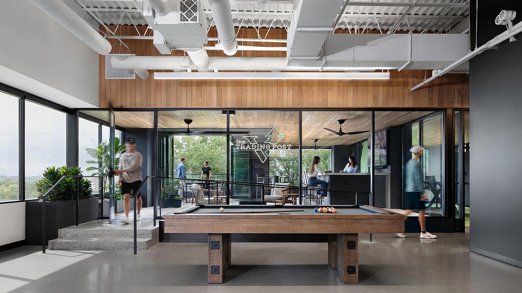 A group of people in a building.