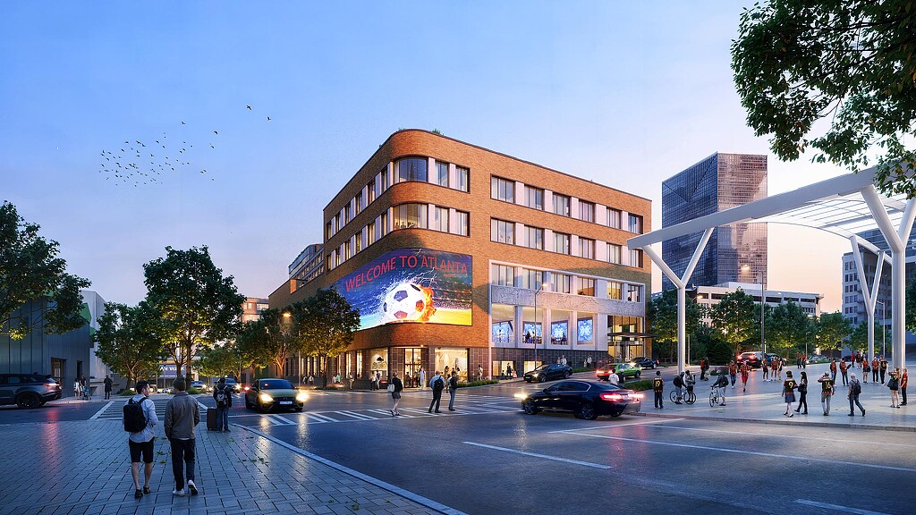 A large building with a large glass front.