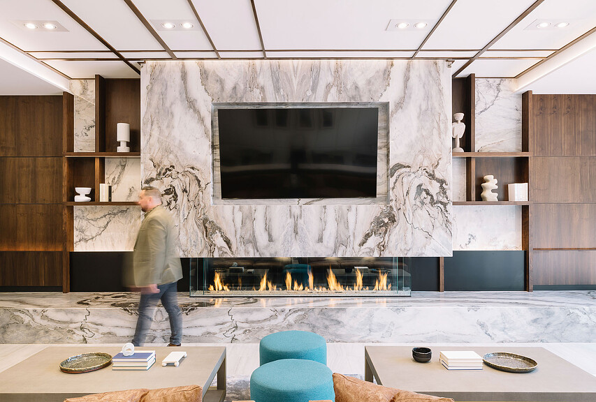 Galleria Residences amenity space with fireplace