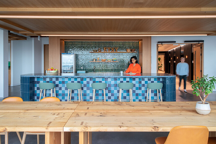 Etsy Dublin workplace cafe with blue-tiled bar