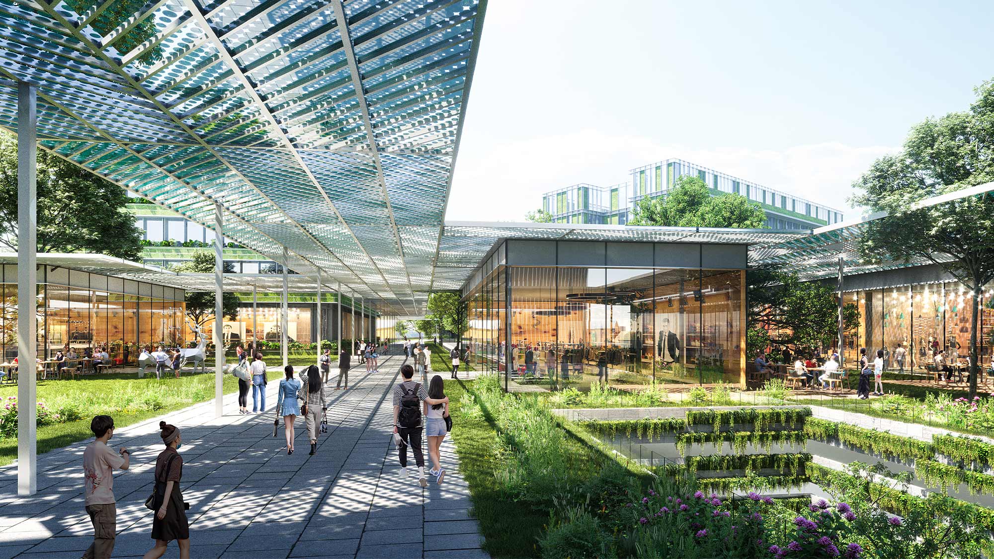 A group of people walking around a building.