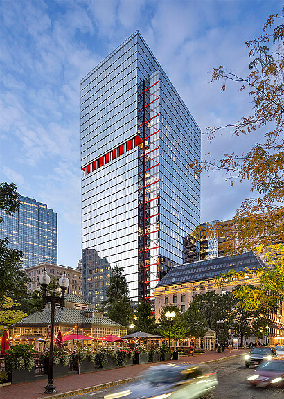 A tall glass building.