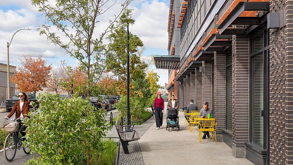 People walking on a sidewalk.
