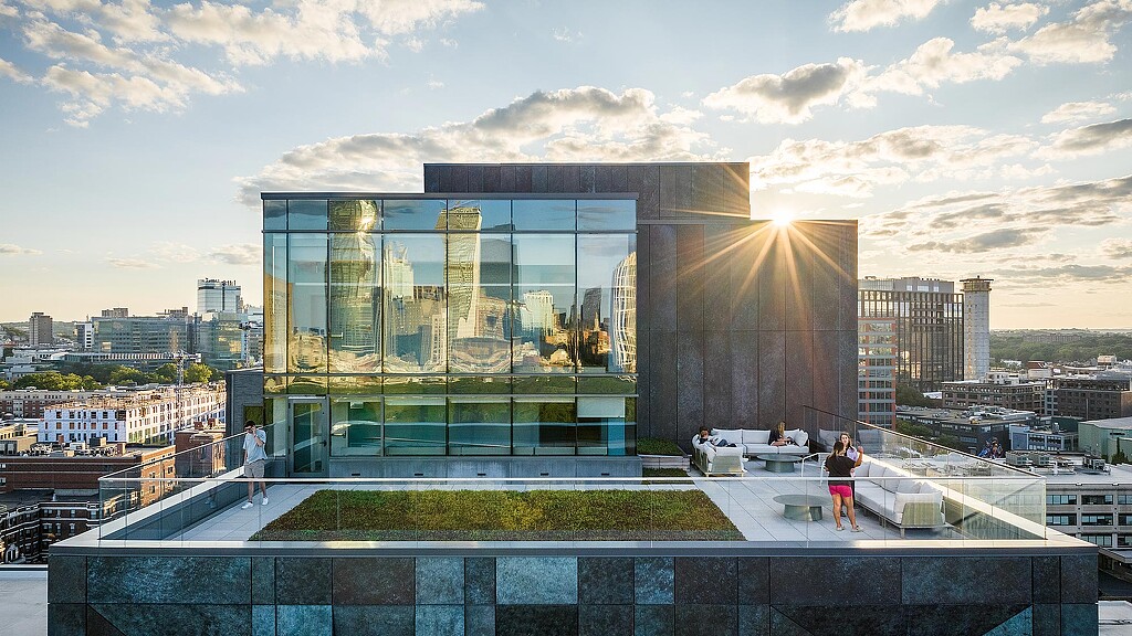 A building with glass windows.