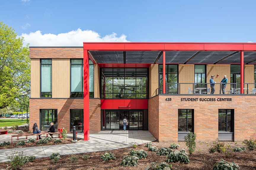 A building with people outside.