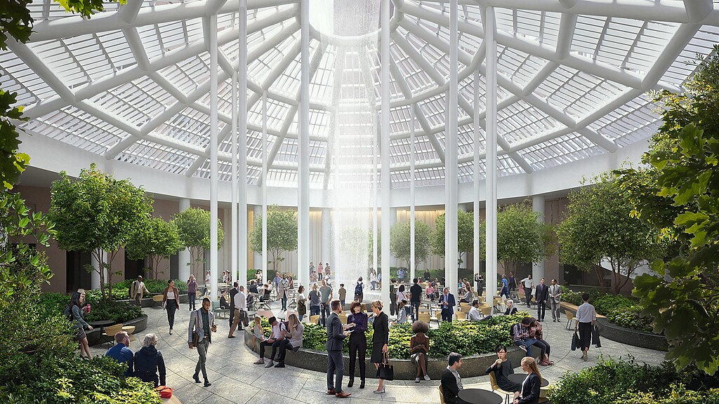 A group of people in a large building.