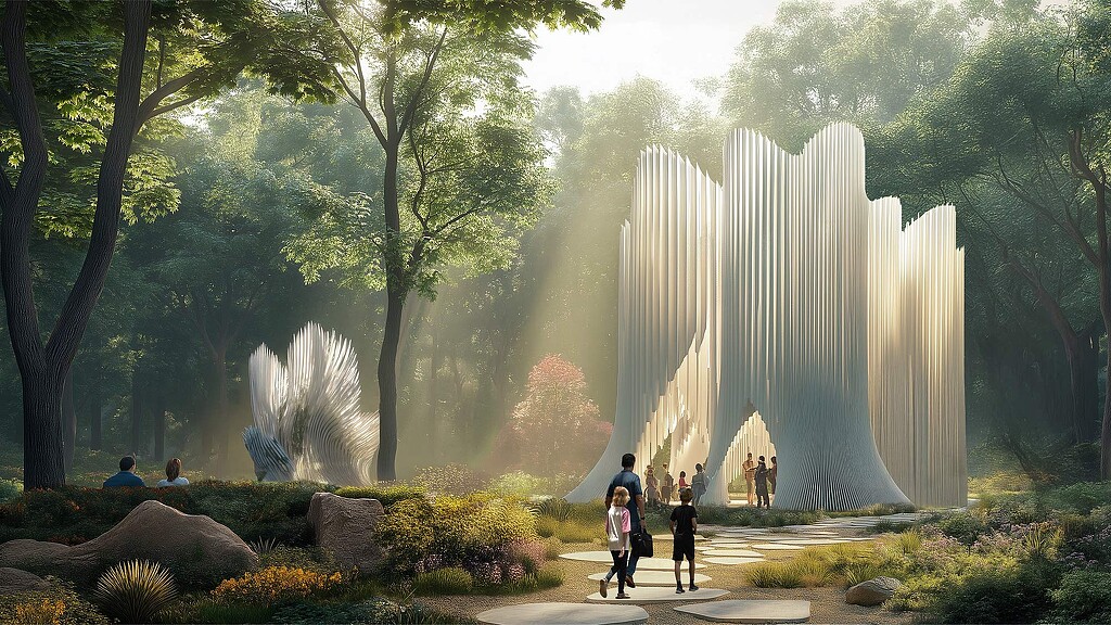 People walking on a path near a fountain.
