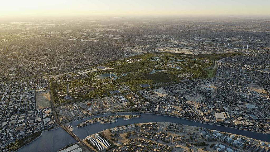 An aerial view of a city.