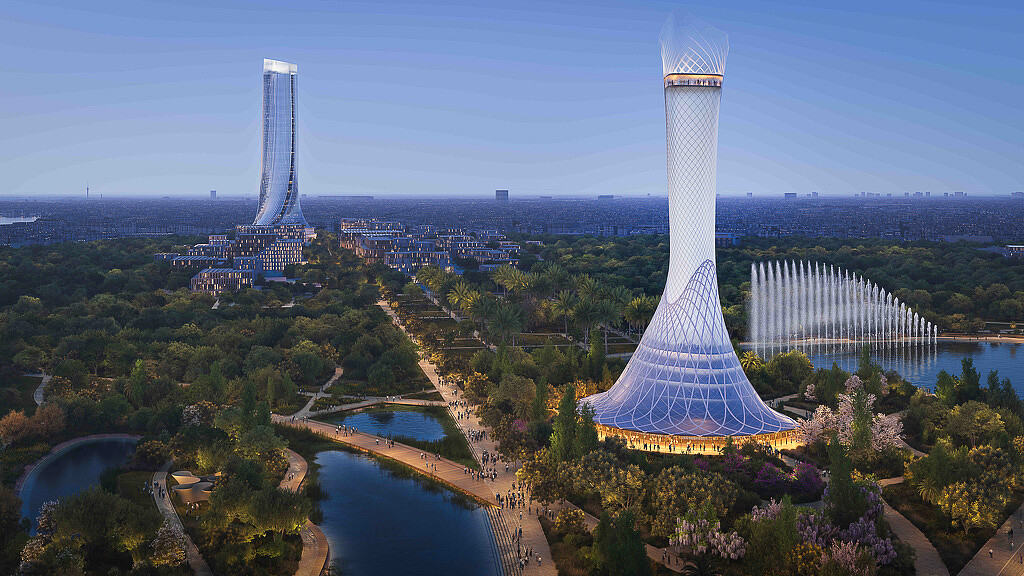 A tall tower in a city.