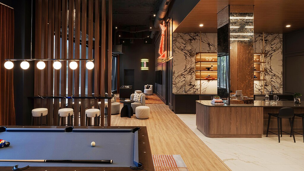 A pool table in a room.