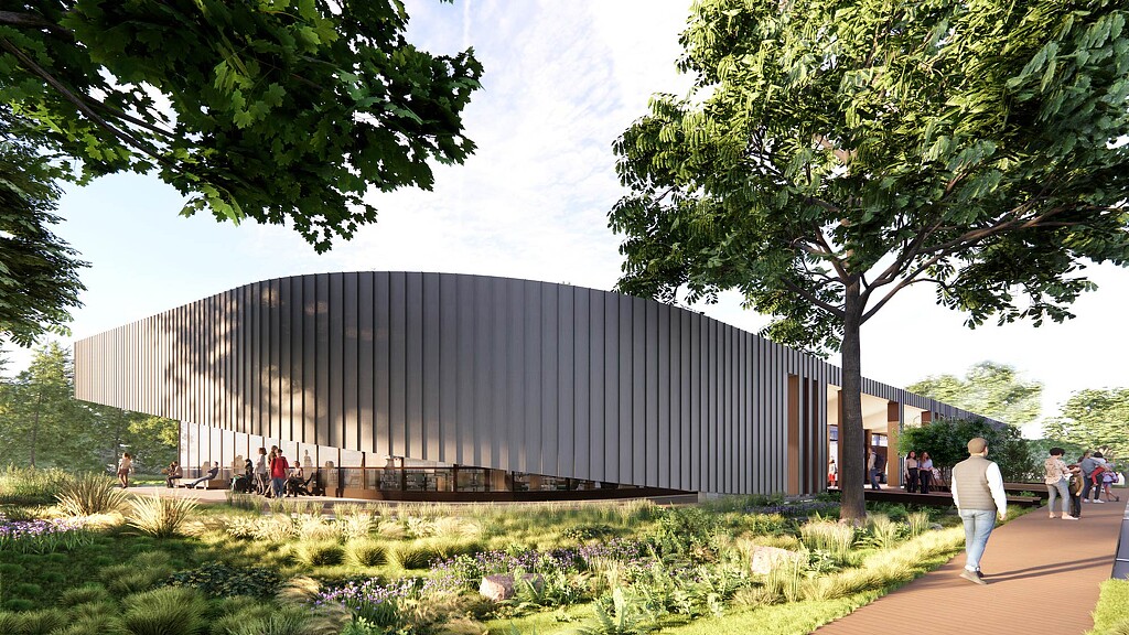 A building with a glass front.