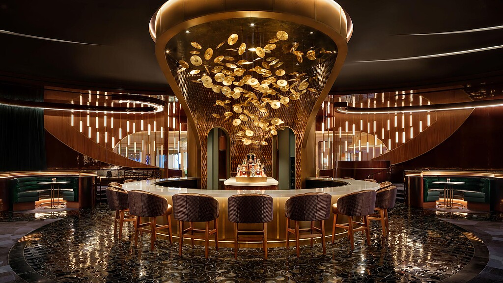 A large room with tables and chairs.