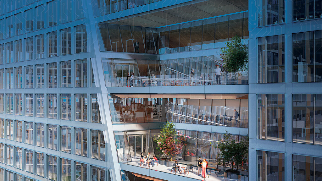 A group of people walking on a building terrace