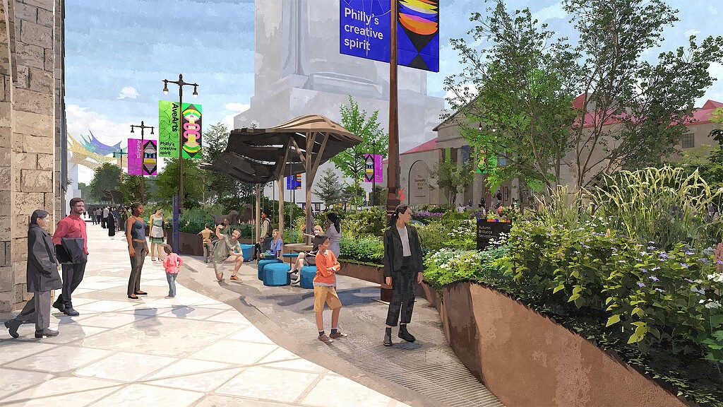 People walking on a sidewalk.