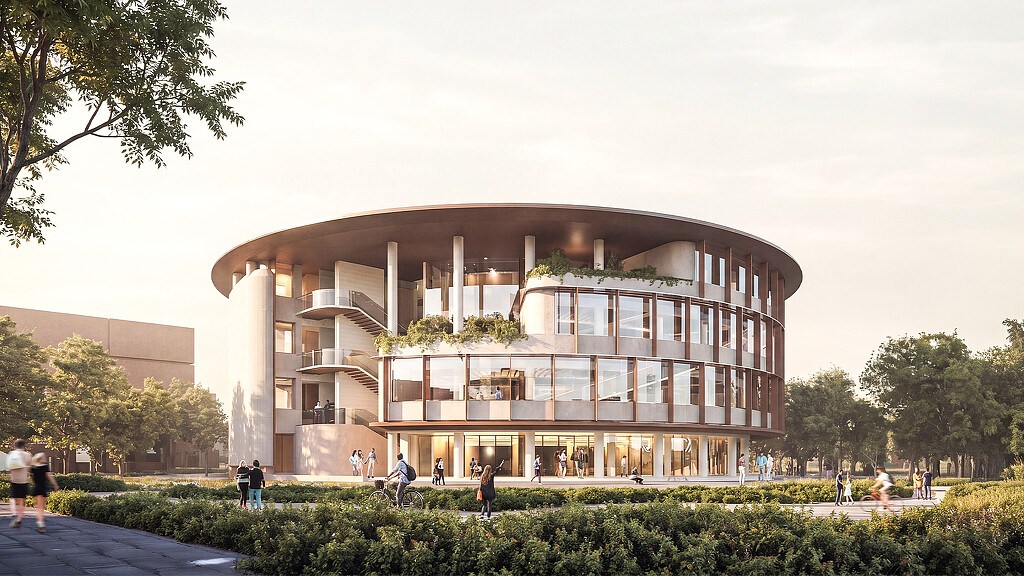 A building with people walking around.