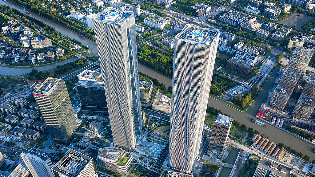 A high angle view of a city.
