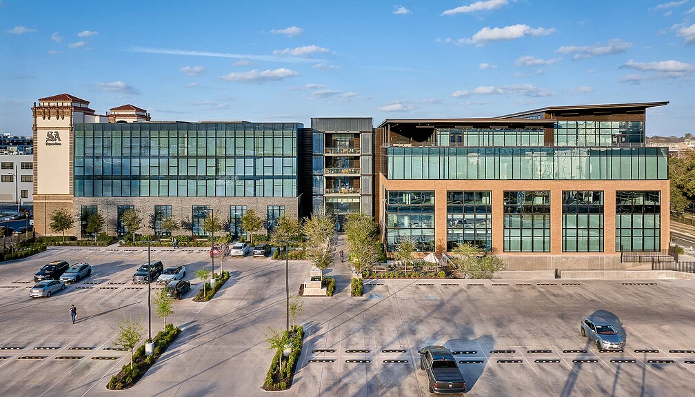 A building with a parking lot.