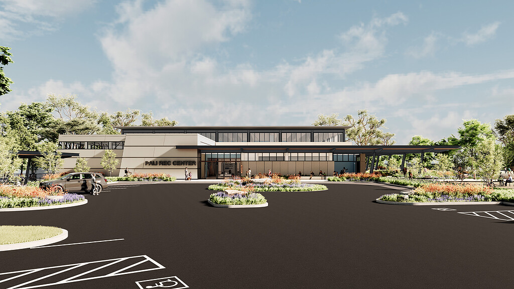 A building with a parking lot.