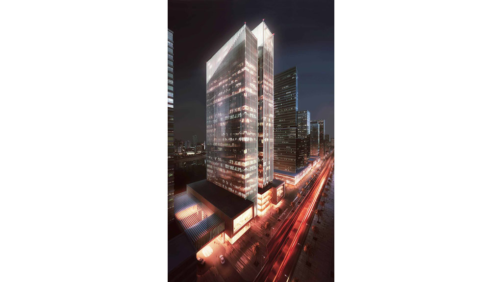 A tall building with a glass front.