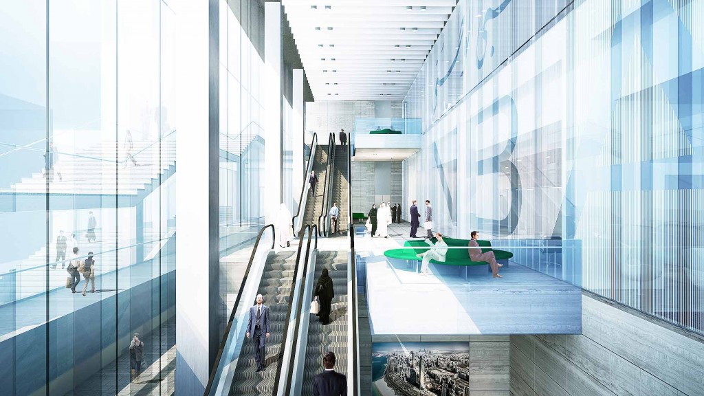 A high angle view of people inside a building.