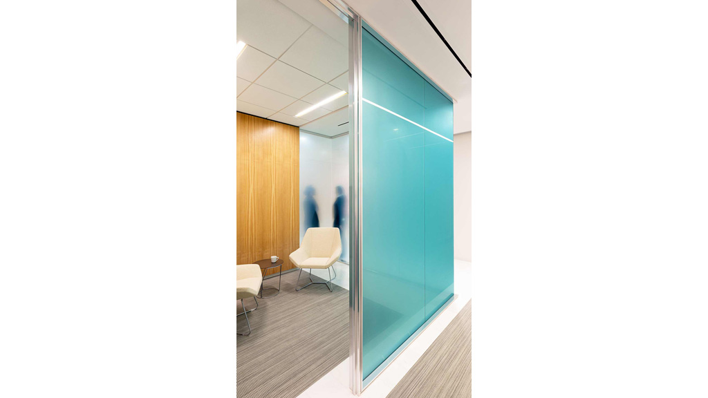 A room with a glass door.