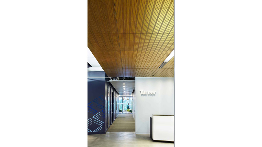 A hallway with a wood ceiling.