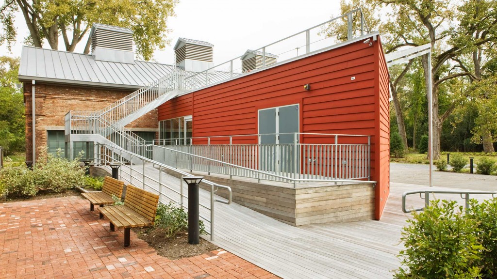 A building with a brick patio.