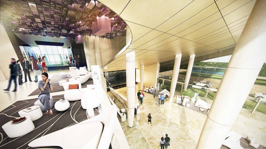 A large room with many white chairs and people in it.