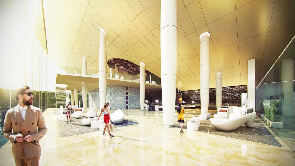 A man and a woman in a large building with pillars.