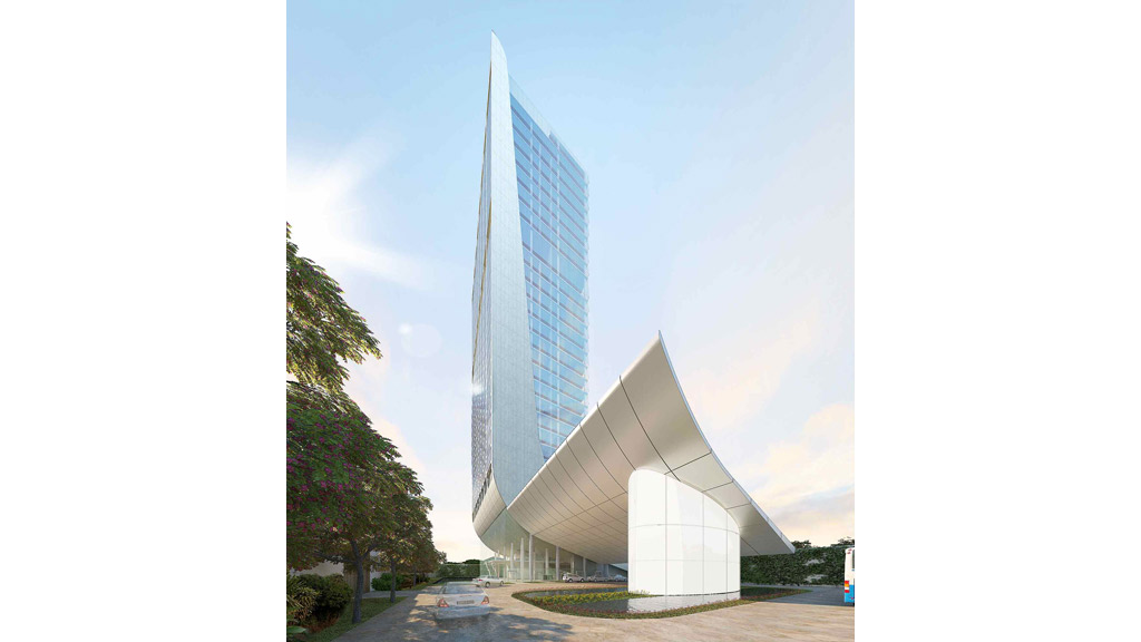 A tall building with a curved top.