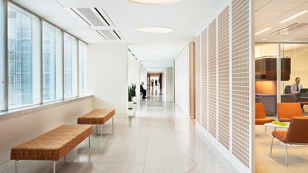 A long hallway with benches.