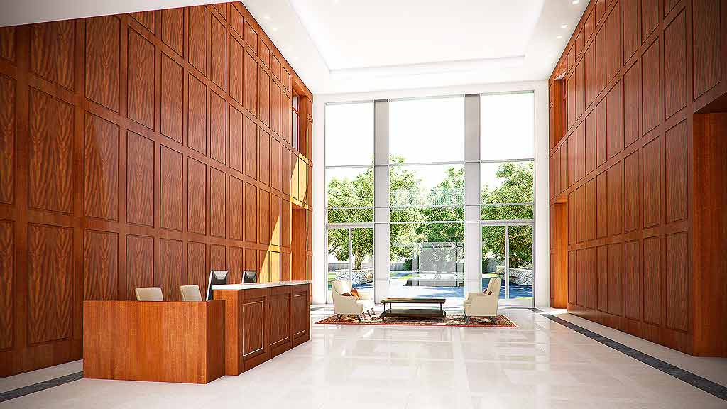 A room with a desk and chairs.