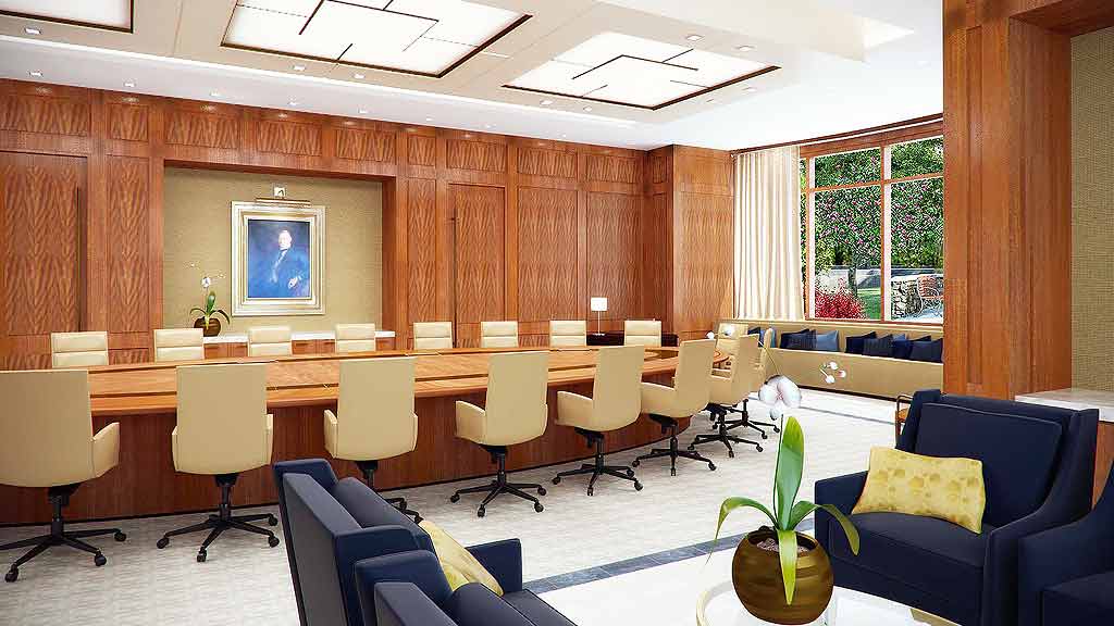 A room with a table and chairs.