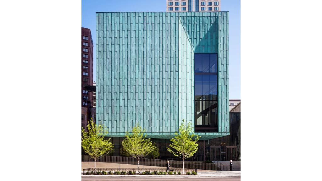 A large glass building.