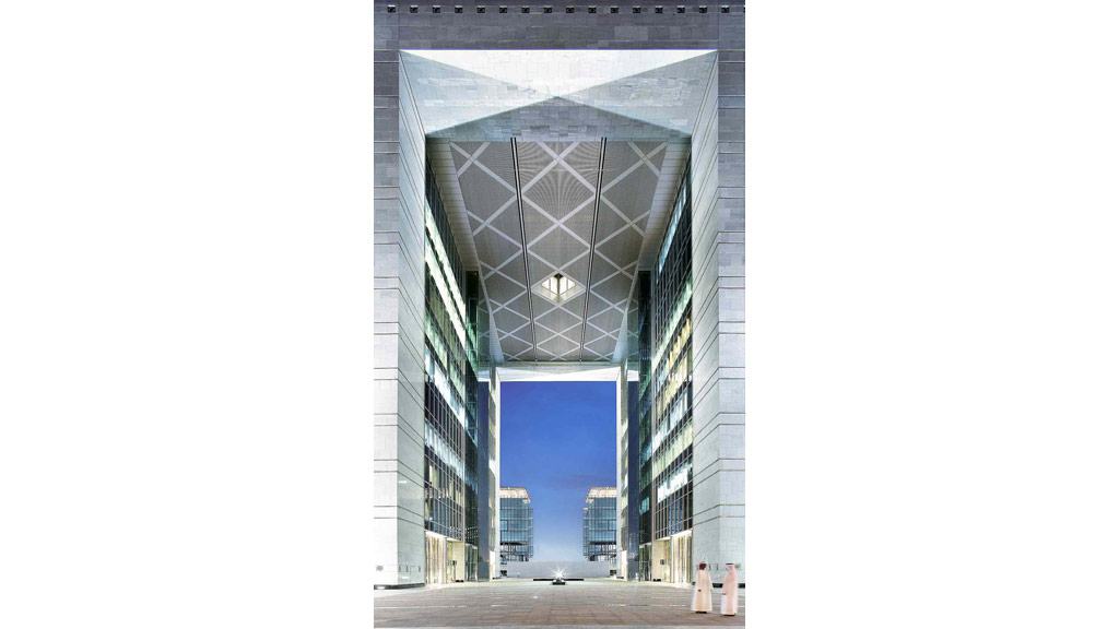 A large building with a large arched window.