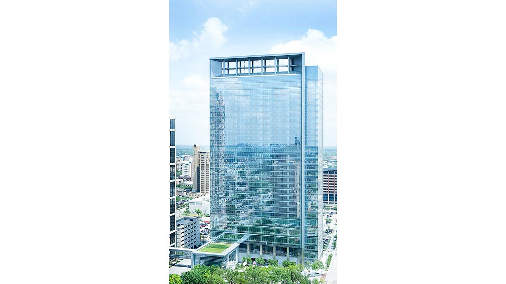 A tall glass building.