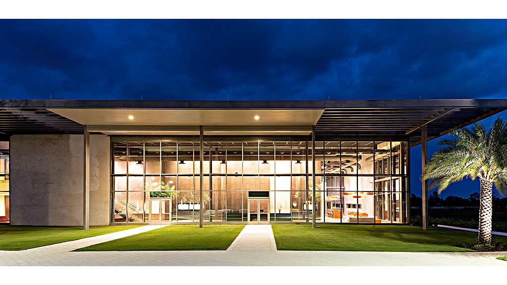 A building with glass windows.