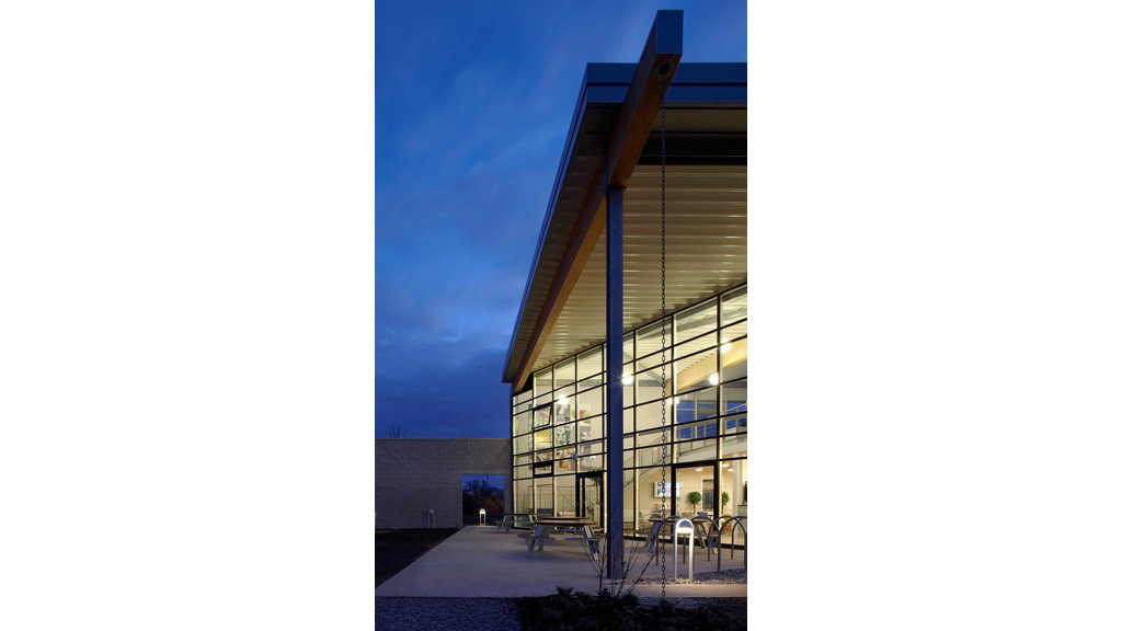 A building with a glass front.